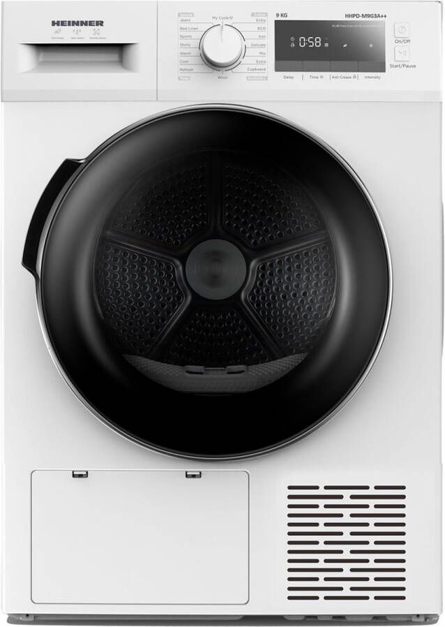 Heinner HHPD-M9G3A++ Warmtepompdroger 9 kg – 14 programma's – Energieklasse D – LED-display – Kinderslot – Trommelverlichting – Wit – 5 Jaar Garantie