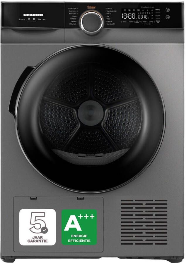 Heinner Warmtepompdroger 9 KG Wasdroger met Energielabel A+++ 14 Programma's Antikreukfunctie LED display Trommelverlichting 5 Jaar Garantie Antraciet