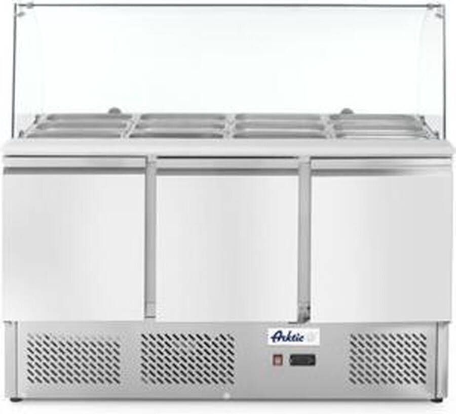 Arktic Saladette KitchenLine 380L 3 Deuren 1 1 GN Boven 4x 1 1 GN -2°C +8°C Geforceerd Glasopzet + Snijblad 1365x700x880 1300mm Horeca Oven