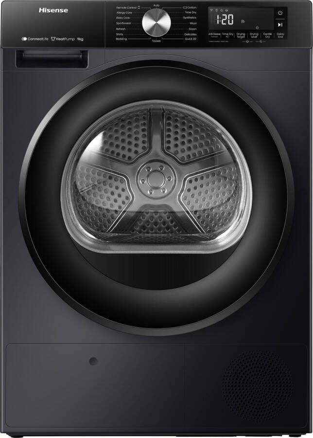Hisense 3S Serie DH3S902BB3 Zwarte Wasdroger met A+++ Energielabel Warmtepompdroger 9kg ConnectLife Trommelverlichting AutoDry Quick Dry Allergy Care