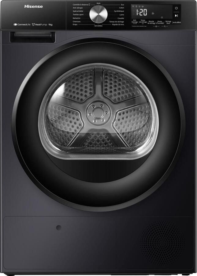 Hisense DH3S902BBCC Condensdroger 9 kg Vrijstaand Voorbelading Warmtepomp Zwart Draaiknop TouchControl 63 dB(A) Ion Refresh Allergy Care Auto Dry