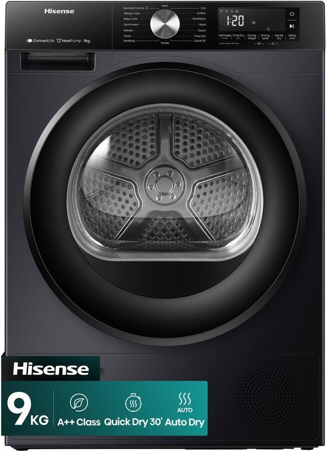 Hisense DH3S902BBCC Condensdroger 9 kg Vrijstaand Voorbelading Warmtepomp Zwart Draaiknop TouchControl 63 dB(A) Ion Refresh Allergy Care Auto Dry