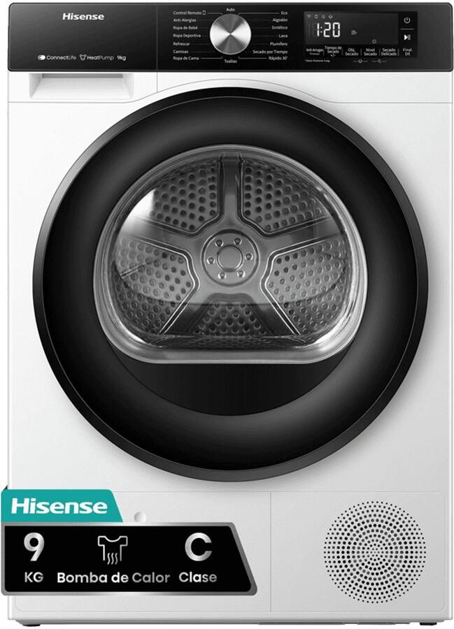 Hisense DH3S902BWCC Condensdroger 9 kg Vrijstaand Voorbelading Warmtepomp Wit Draaiknop TouchControl 63 dB(A) Ion Refresh Allergy Care Auto Dry