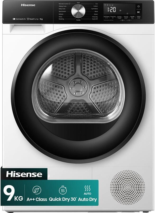Hisense DH3S902BWCC Condensdroger 9 kg Vrijstaand Voorbelading Warmtepomp Wit Draaiknop TouchControl 63 dB(A) Ion Refresh Allergy Care Auto Dry
