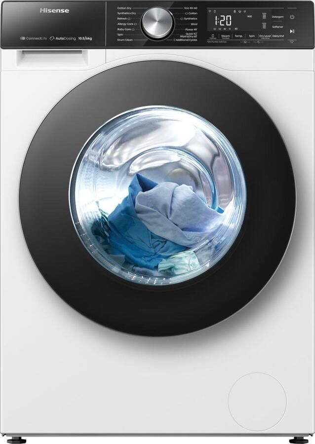 Hisense WD5S1045BW Voorbelading Vrijstaand Wit Links Zwart Knoppen Draaiknop Touch