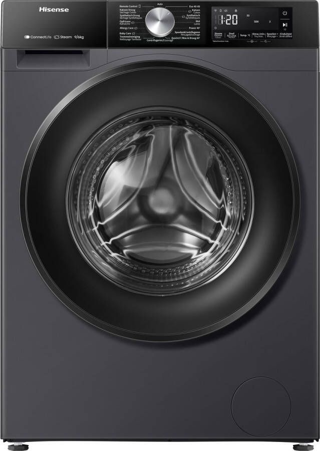Hisense WD3S9043BB3 Was-droogcombinatie Energieklasse A (-30%) 9 kg wassen 6 kg drogen 1400 toeren Connectlife WiFi Stoomfunctie LED display Inverter motor Zwart