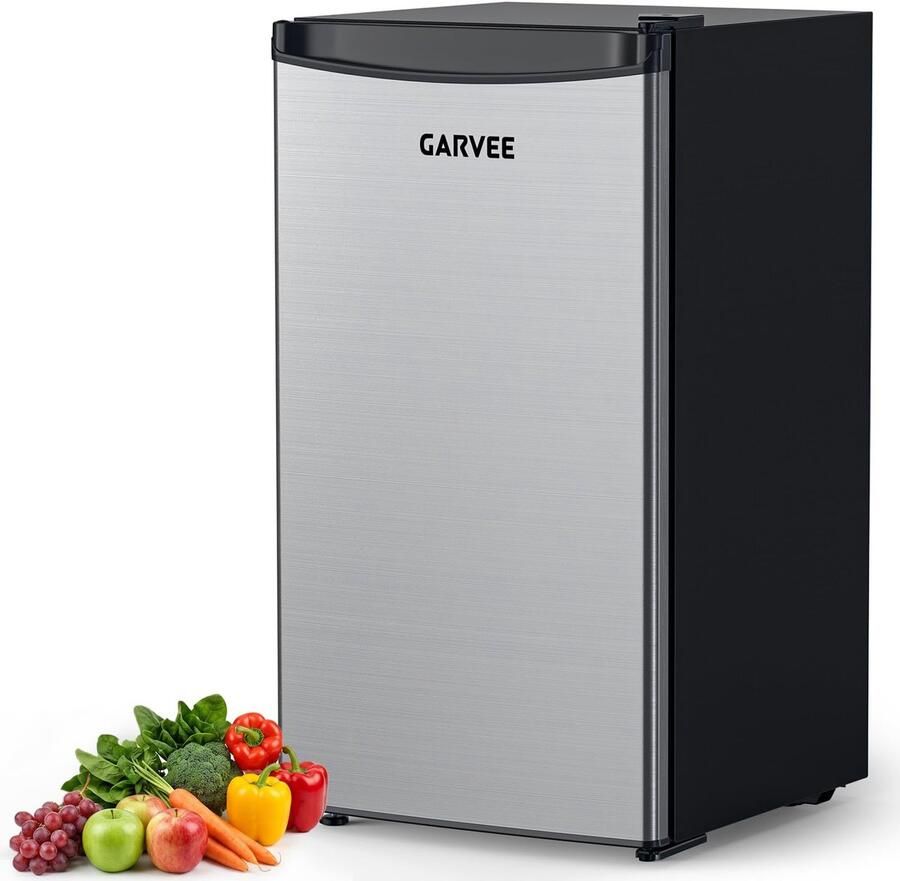 Garvee Triumpunpre Mini Koelkast 90L met RVS Deur Drankkoelkast Grote Minibar Stil 41dB Energie Label E 5 Standen Temperatuur 0°C-18°C Links rechts Draairichting Verstelbare Poot Vrijstaande Koelkaast Ruime Inhoud voor Kantoor of Thuis