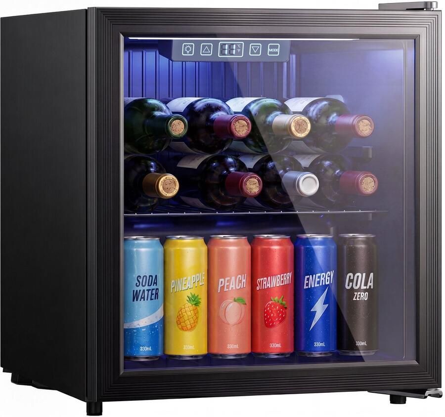 Homcom Drankkoelkast Minibar Mini Koelkast-50L-Koelruimte voor 48 blikjes met dubbelwandige deur-Verstelbare plank-ledverlichting-zwart