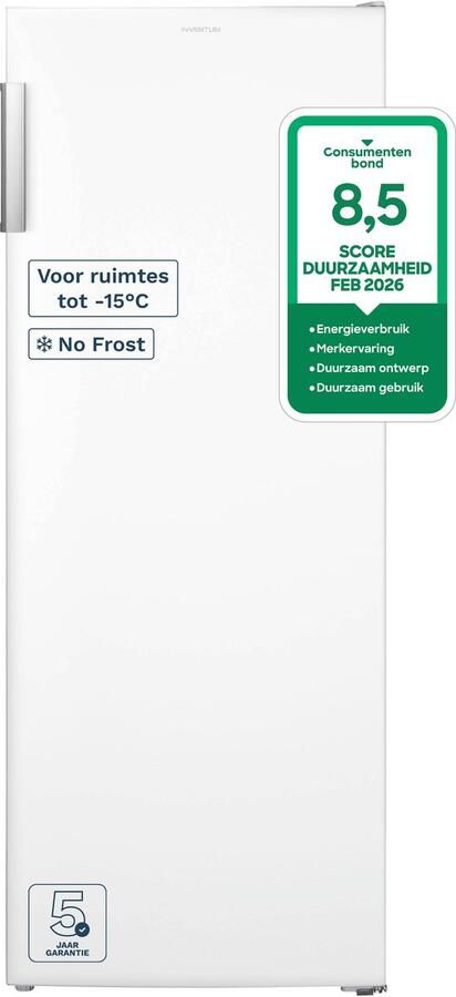 Inventum VR1430W No Frost kastmodel vriezer energiezuinig 161 liter 143 cm hoog Supervriezen Energielabel C Geschikt voor garage en schuur tot -15°C Diepvrieskast Vrijstaand 5 lades vakken Wit