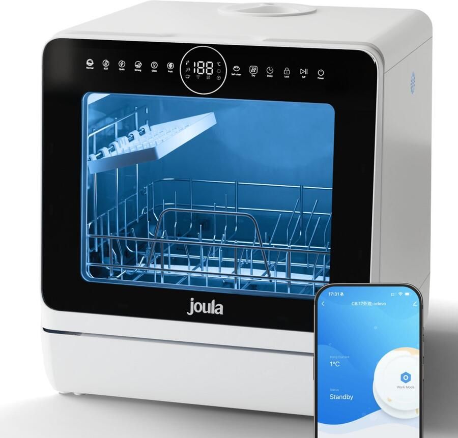 Joula Vrijstaande Mini Vaatwasser met Waterreservoir 7 Wasprogramma's 5 Couverts Kleine Vaatwasser Smalle Camping Afwasmachine Vrijstaand 43x43x46 cm Wit