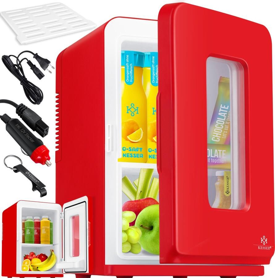 Kesser Tafelmodel Koelkast 15 Liter AC DC 220-240V en 12V Mini Koelkast Vrijstaand met Verwarmingsfunctie Koelbox ideaal voor Auto en camperen Rood