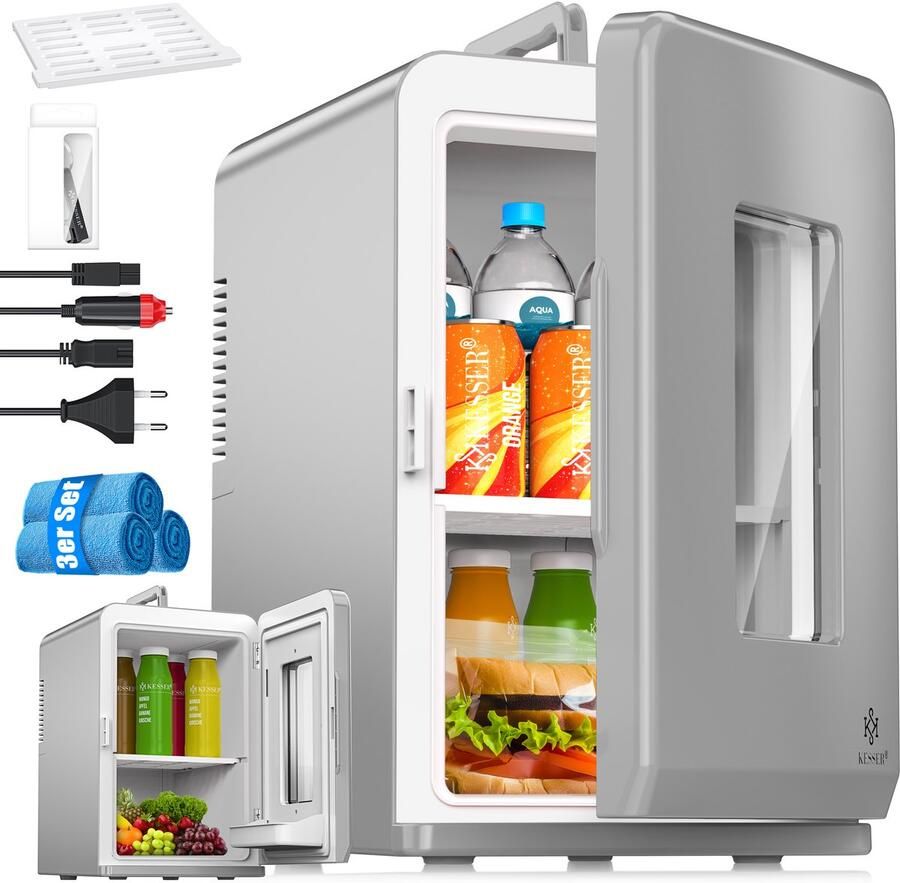 Kesser Tafelmodel Koelkast 15 Liter AC DC 220-240V en 12V Mini Koelkast Vrijstaand met Verwarmingsfunctie Koelbox ideaal voor Auto en camperen Donkergrijs