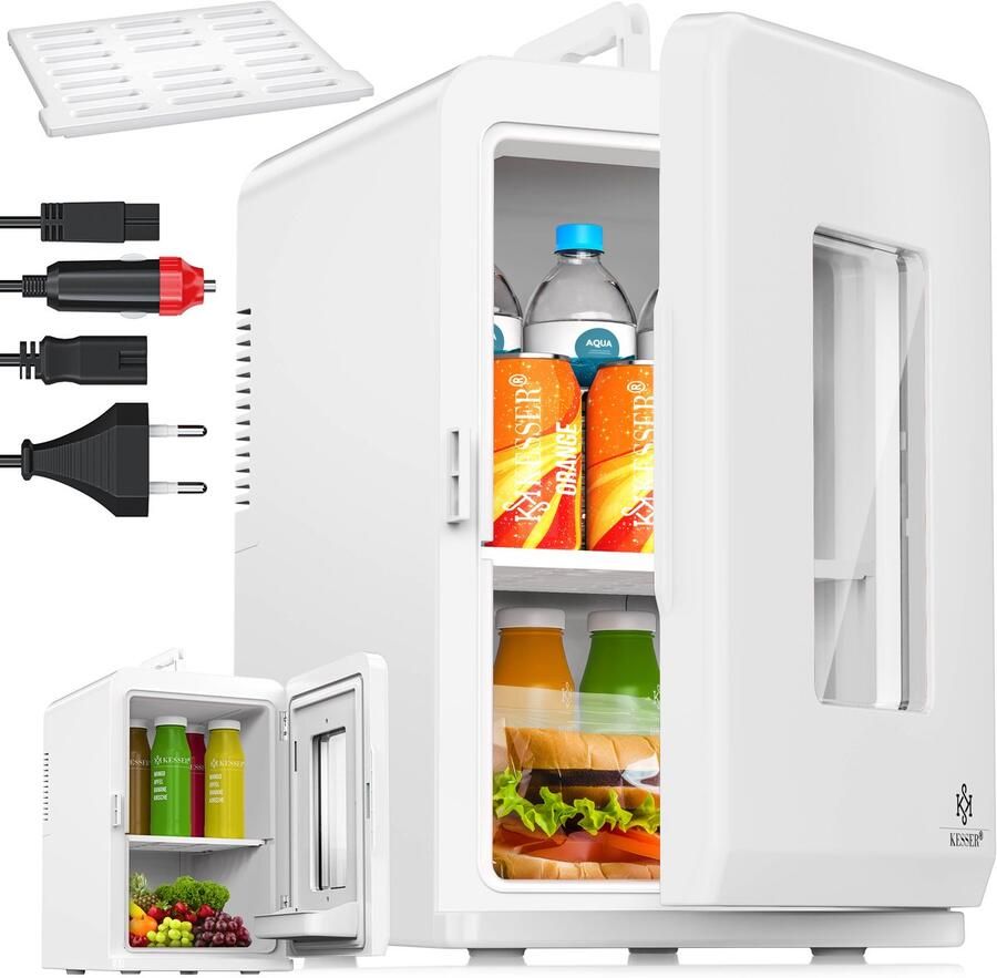 Kesser Tafelmodel Koelkast 15 Liter AC DC 220-240V en 12V Mini Koelkast Vrijstaand met Verwarmingsfunctie Koelbox ideaal voor Auto en camperen Wit