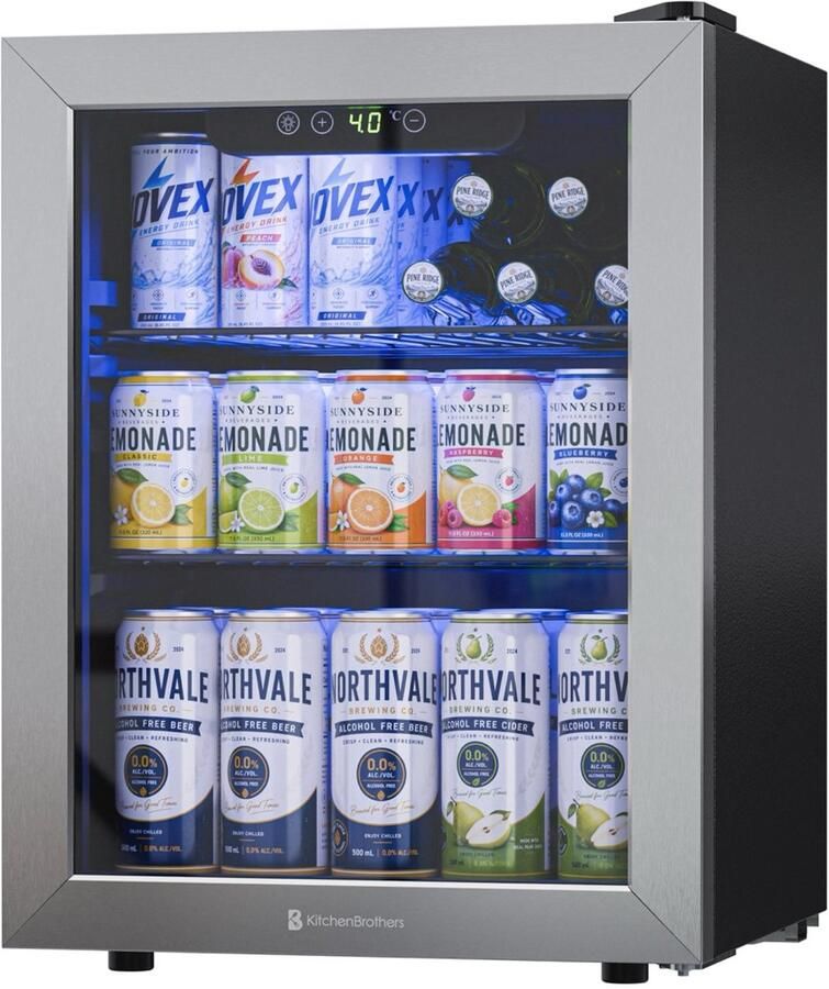 KitchenBrothers Drankkoelkast 48L Mini Koelkast Glazen Deur Minibar 68 Blikjes Zwart