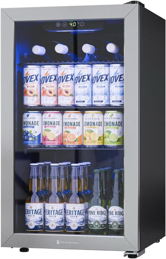 KitchenBrothers Drankkoelkast 90L Mini Koelkast Glazen Deur Minibar 110 Blikjes Zwart