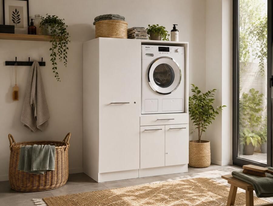KitchenettesDirect Laundry Wasmachine verhoger met lade en Linnenkast Wasmachine ombouwkast Wasmachine kast Wit Hoogte 162 cm Wasmachine ombouw meubel - Foto 2