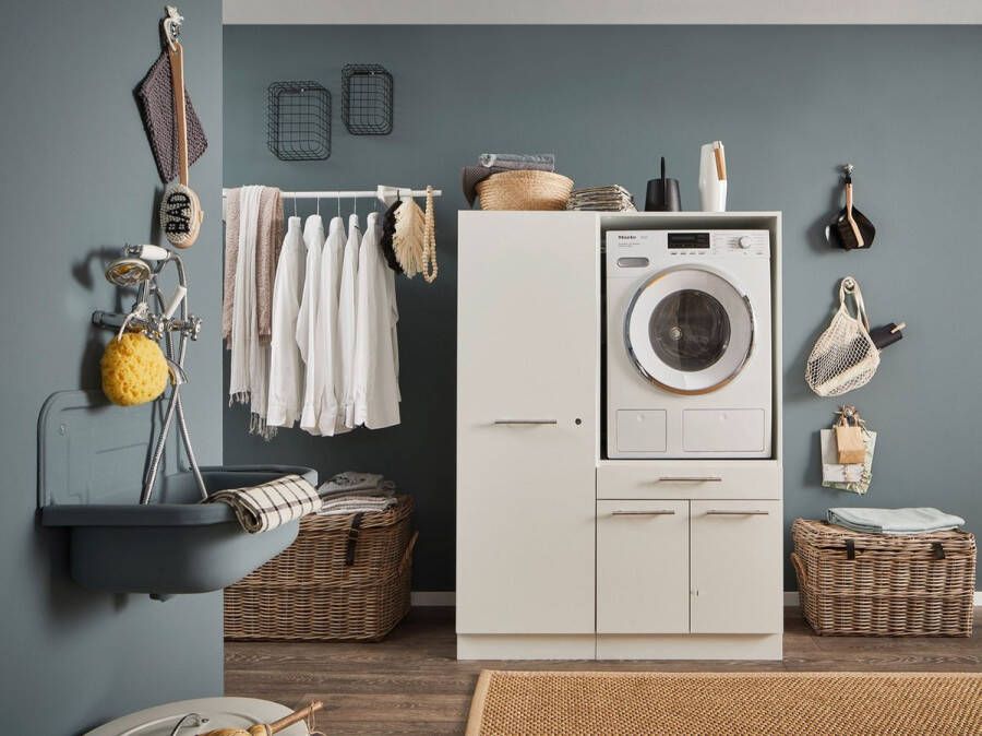 KitchenettesDirect Laundry Wasmachine verhoger met lade en Linnenkast Wasmachine ombouwkast Wasmachine kast Wit Hoogte 162 cm Wasmachine ombouw meubel