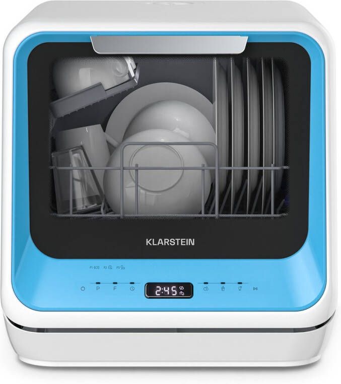 Klarstein Amazonia Mini Vaatwasser Compact Aanrechtblad 7 Programma's 5L Tank of Directe Aansluiting Energie-efficiëntieklasse D Stil 58dB Digitaal Display Draagbaar Tafelblad voor Kleine Keukens Blauw