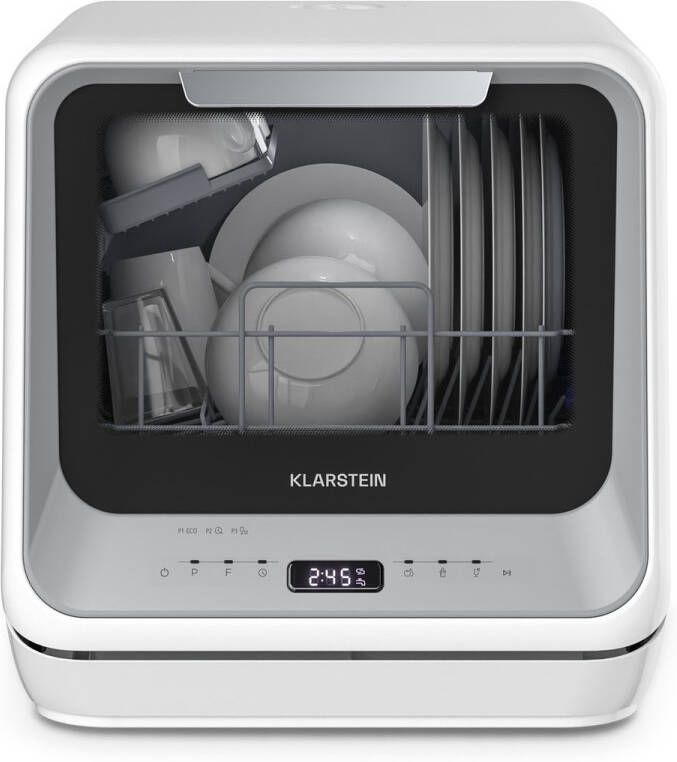 Klarstein Amazonia Mini Vaatwasser Compact Aanrechtblad 7 Programma's 5L Tank of Directe Aansluiting Energie-efficiëntieklasse D Stil 58dB Digitaal Display Draagbaar Tafelblad voor Kleine Keukens Zilver