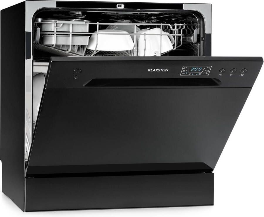Klarstein Amazonia Mini Vrijstaande Vaatwasser 8 Couverts Tafelmodel 8 Programma's LED Display Aquastop Zwart