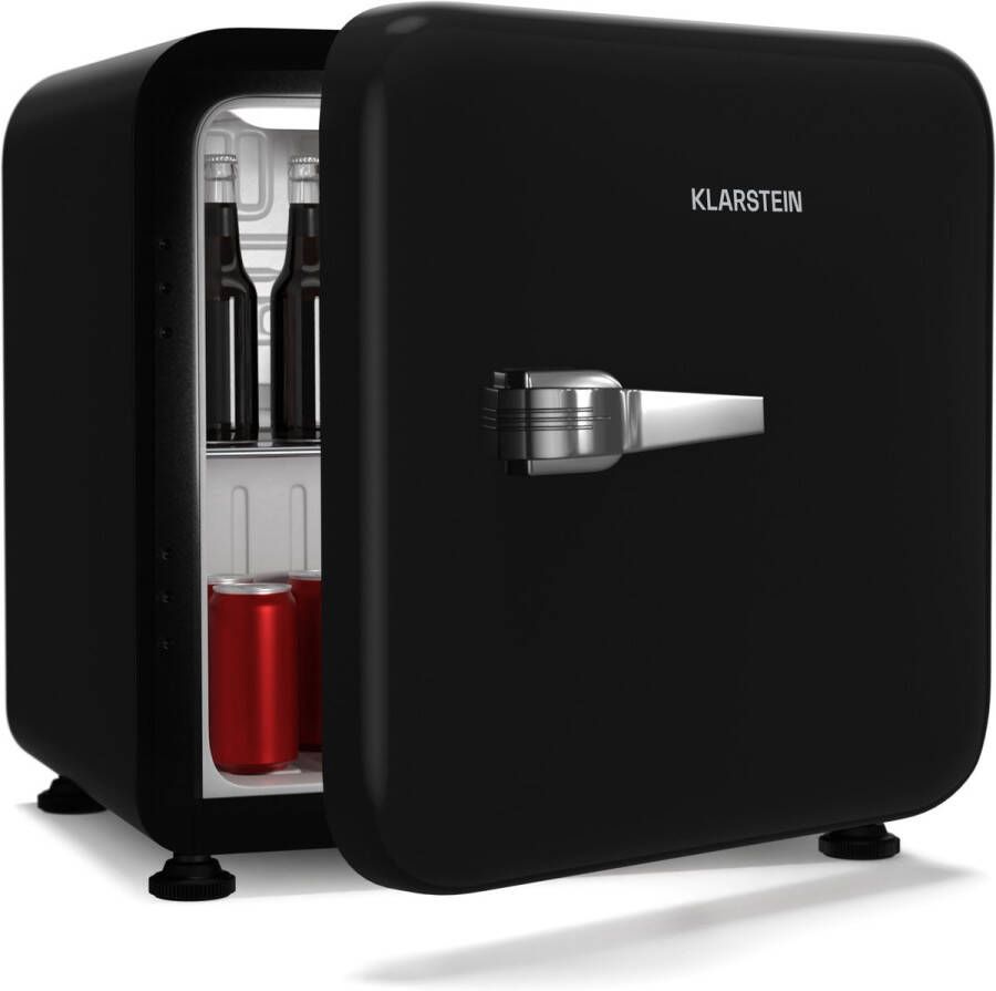 Klarstein Audrey Evo 43L Mini Kühlschrank Retro-Design Leise 40 dB Kompressor Verstellbare Füße Wendetür Kühlschrank Klein für Schlafzimmer und Büros Schwarz