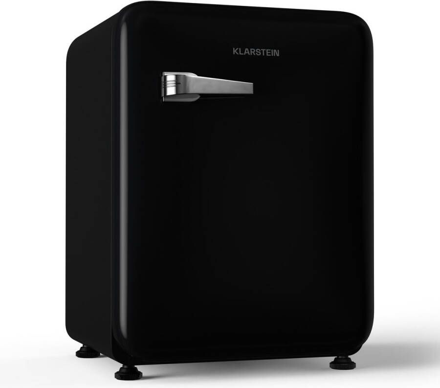 Klarstein Audrey Evo 68L Retro Mini Kühlschrank Leise 40 dB Kompakter Kühlschrank Klein mit Verstellbaren Füßen Wendetür Mechanischem Thermostat Schwarz Ideal für Schlafzimmer und Büros