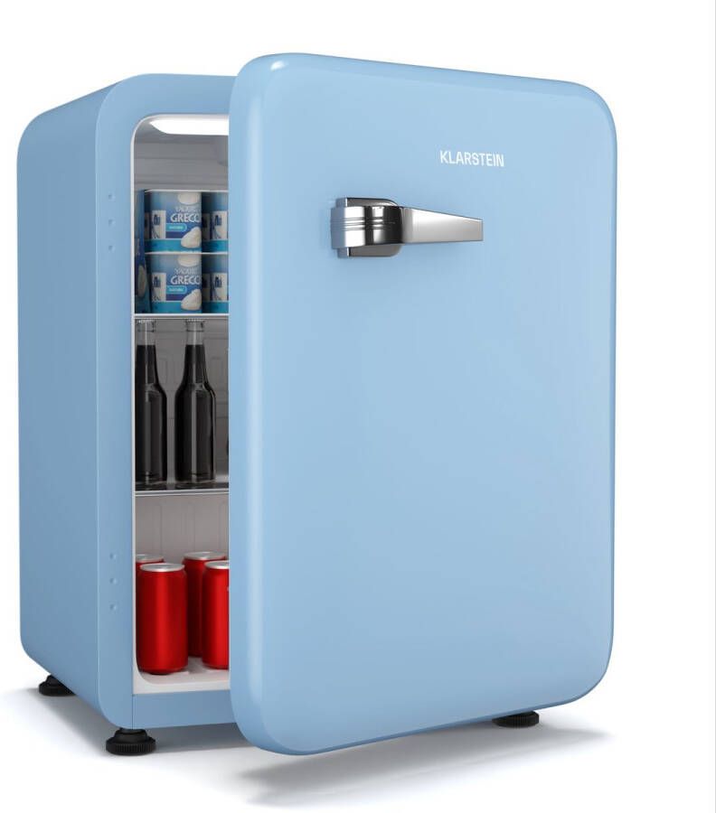Klarstein Audrey Evo 68L Retro Mini Kühlschrank Leise 40 dB Kompakter Kühlschrank Klein mit Verstellbaren Füßen Wendetür Mechanischem Thermostat Blau Ideal für Schlafzimmer und Büros