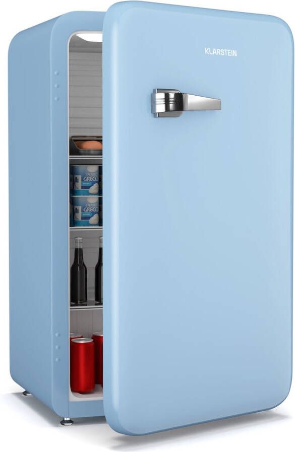 Klarstein Audrey Evo 90L Retro Mini Kühlschrank Leise 40 dB Kompakt Verstellbare Füße Wendetür Mechanischer Thermostat Blau Kühlschrank Klein für Schlafzimmer und Büros
