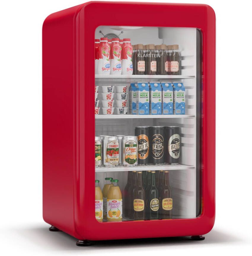Klarstein Audrey Evo Getränkekühlschrank Mit Glastür 113 L Retro-Design LED-Beleuchtung Doppelt Verglaste Tür 0-10 °C Energieeffizienz C Verstellbare Füße Rot