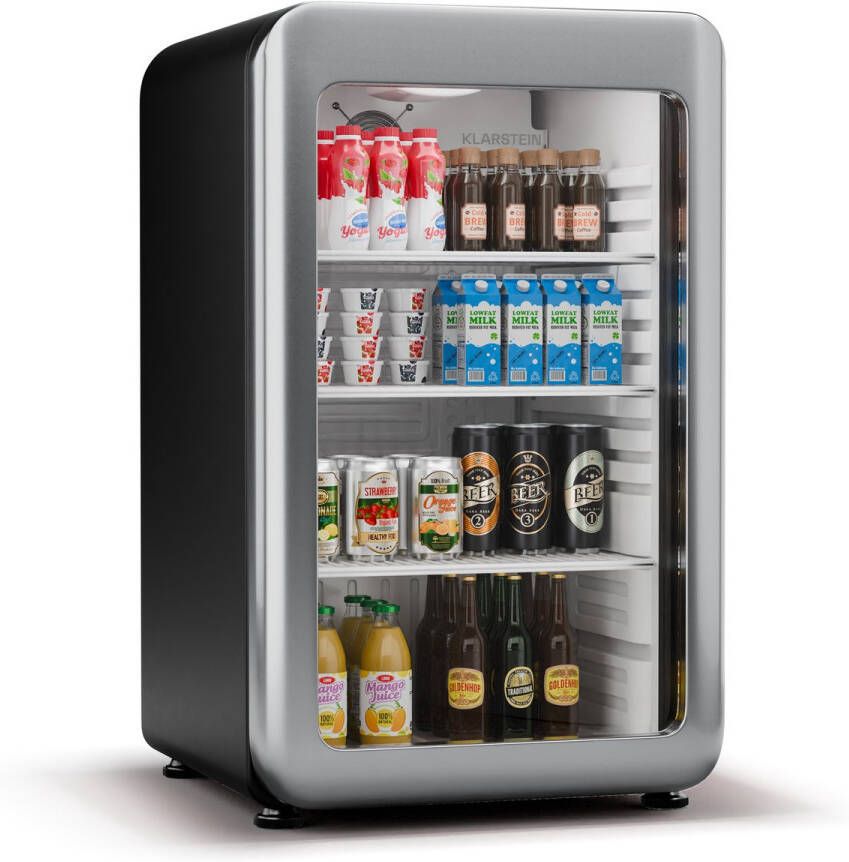 Klarstein Audrey Evo Getränkekühlschrank Mit Glastür 113L Retro-Design LED-Beleuchtung Doppelt Verglaste Tür 0-10 °C Energieklasse C Verstellbare Füße Schwarz