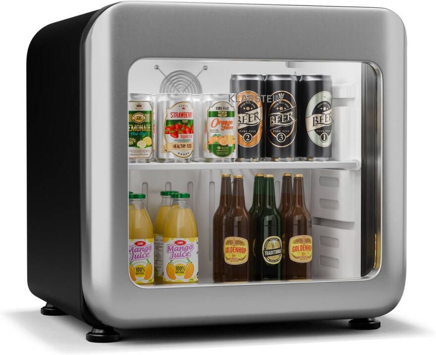 Klarstein Audrey Evo Getränkekühlschrank Mit Glastür 46L Mini-Kühlschrank Retro-Design Doppelt Verglaste Tür LED-Beleuchtung 0-10 °C Energieklasse C Silber