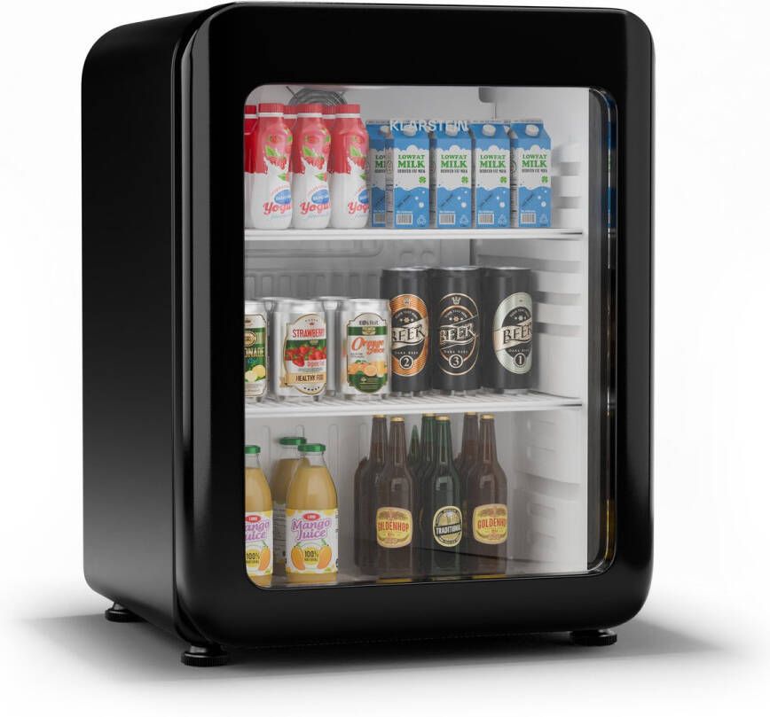Klarstein Audrey Evo Getränkekühlschrank Mit Glastür 68L Retro-Design LED-Beleuchtung Doppelt Verglaste Tür 0-10 °C Energieklasse C Verstellbare Füße Schwarz