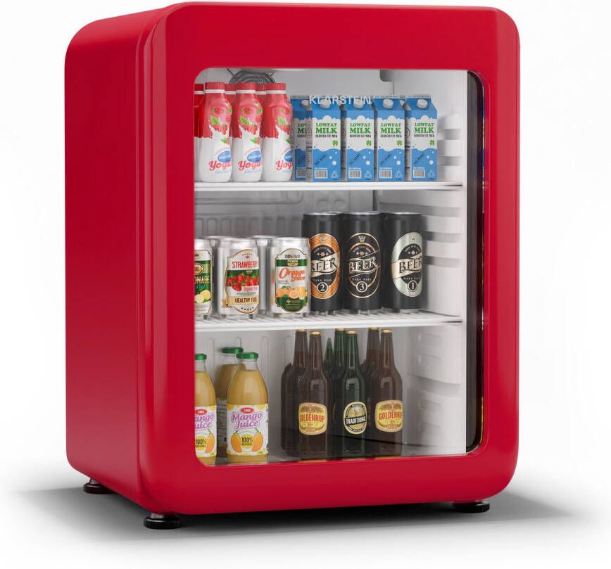 Klarstein Audrey Evo Getränkekühlschrank Mit Glastür 68L Retro-Design LED-Beleuchtung Doppelt Verglaste Tür 0-10 °C Energieklasse C Verstellbare Füße Rot