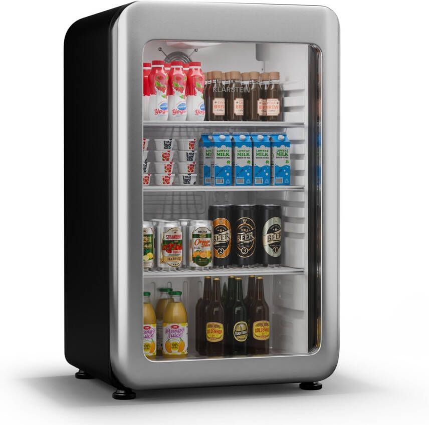 Klarstein Audrey Evo Getränkekühlschrank Mit Glastür 93L Mini-Kühlschrank Retro-Design Doppelt Verglaste Tür LED-Beleuchtung 0-10 °C Energieklasse C Silber