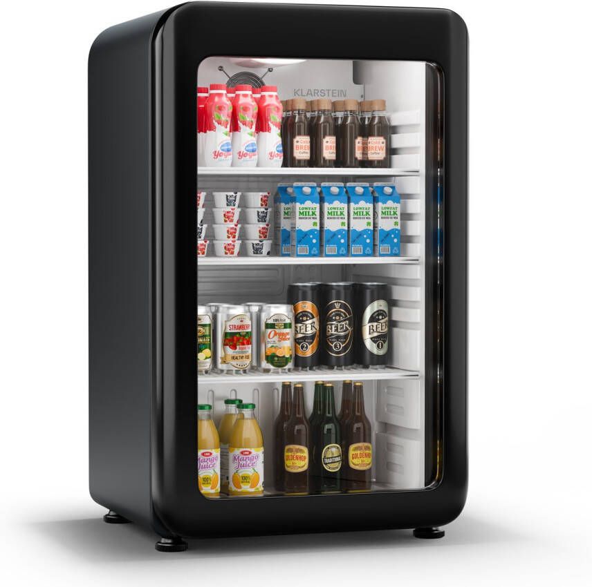 Klarstein Audrey Evo Getränkekühlschrank Mit Glastür 93L Mini Kühlschrank Retro-Design LED-Beleuchtung Doppelt Verglaste Tür 0-10 °C Energieklasse C Schwarz
