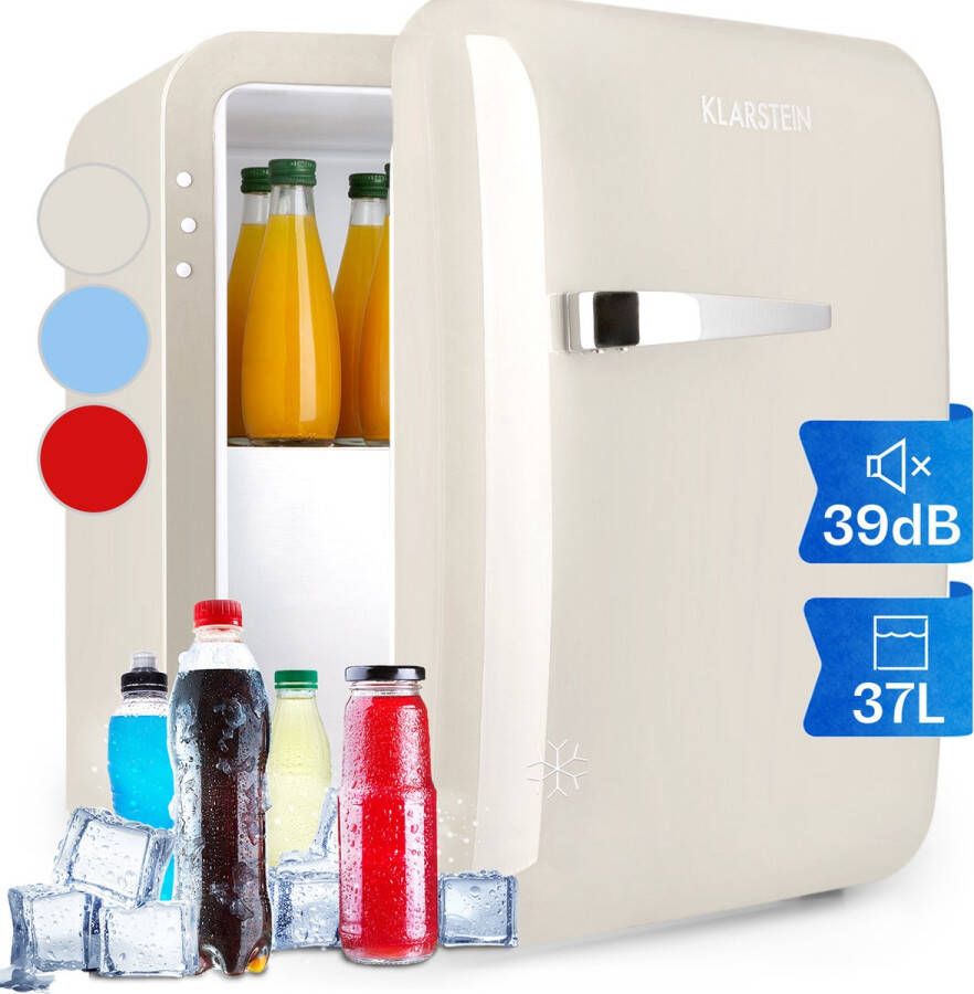 Klarstein Audrey Mini 2 in 1 Mini koelkast Minibar Vrijstaand Compressiekoeling 37 Liter inhoud Koeling: 0 10 °C Energie-efficiëntieklasse E 5 Liter Vriesvak ** Interieur: Wit LED Verlichting Verchroomde handgreep Crème