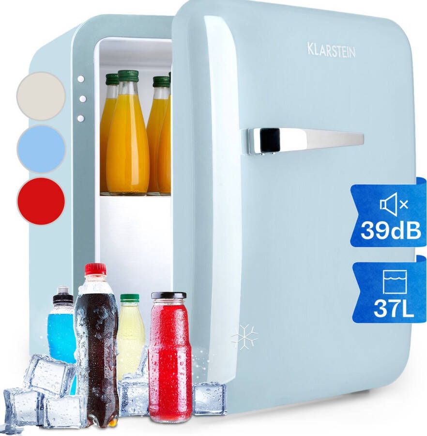 Klarstein Audrey Mini 2 in 1 Mini koelkast Minibar Vrijstaand Compressiekoeling 37 Liter inhoud Koeling: 0 10 °C Energie-efficiëntieklasse E 5 Liter Vriesvak ** Interieur: Wit LED Verlichting Verchroomde handgreep Blauw