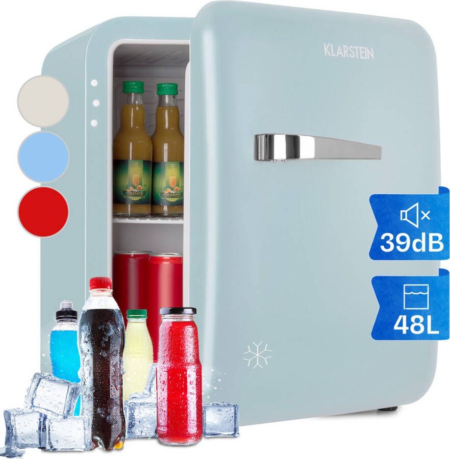 Klarstein Audrey Mini retro koelkast Drankkoelkast Energie-efficiëntieklasse D 48 Liter inhoud 2 Niveaus Koeltemperatuur: 0 10 °C Jaren 50 Retro Stijl Flessenvak & eierbakje Blauw