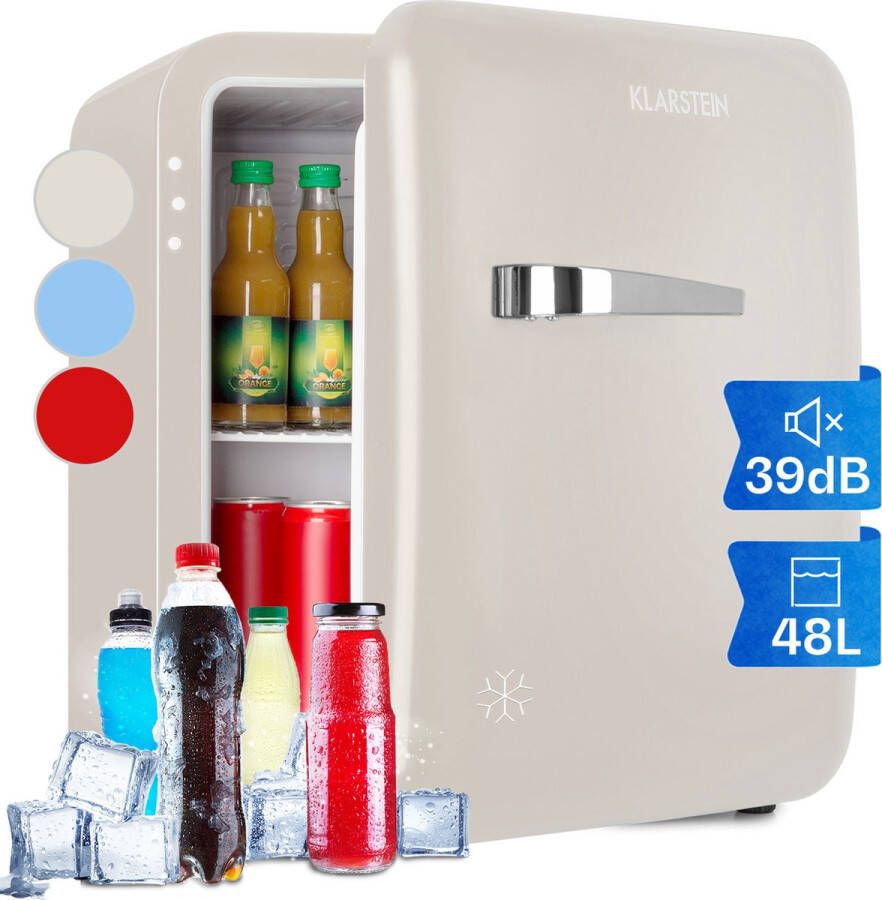 Klarstein Audrey Mini retro koelkast Drankkoelkast- Energie-efficiëntieklasse D 48 Liter inhoud 2 Niveaus Koeltemperatuur: 0 10 °C Jaren 50 Retro Stijl Flessenvak & eierbakje Crème