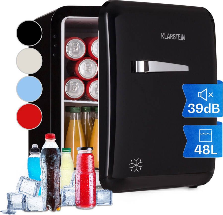 Klarstein Audrey Mini retro koelkast Drankkoelkast- Energie-efficiëntieklasse D 48 Liter inhoud 2 Niveaus Koeltemperatuur: 0 10 °C Jaren 50 Retro Stijl Flessenvak & eierbakje Zwart