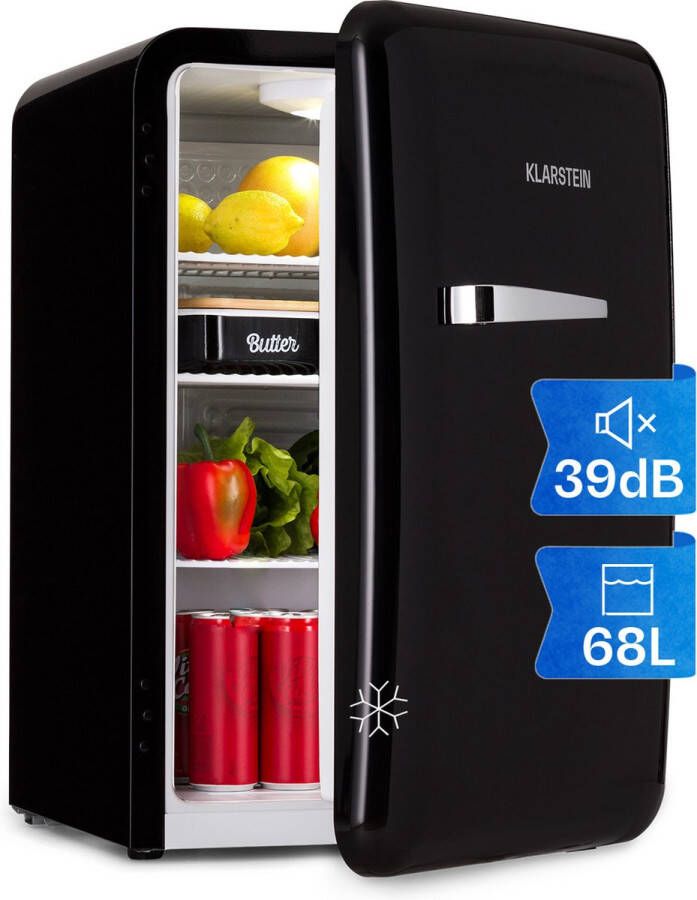 Klarstein Audrey Mini retro koelkast Volume: 70 Liter Temperatuur: 0-10 °C 4 Niveaus 2 Deurvakken 3 Schappen Compressiekoeling Binnenverlichting Mechanische thermostaat Retro design Jaren 50 look EEK: E Geruisloos Zwart