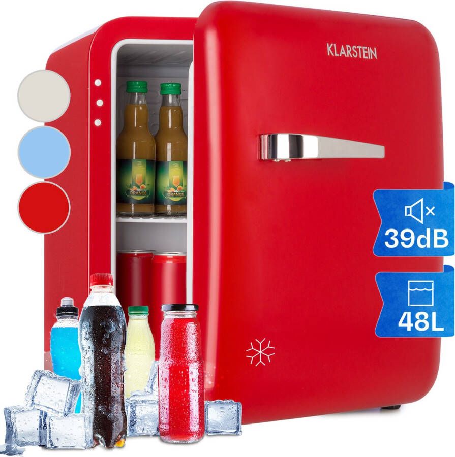 Klarstein Audrey Mini Retro Mini koelkast -Drankkoelkast Energie-efficiëntieklasse D 48 Liter inhoud 2 Niveaus Koeltemperatuur: 0 10 °C Jaren 50 Retro Stijl Flessenvak & eierbakje Rood