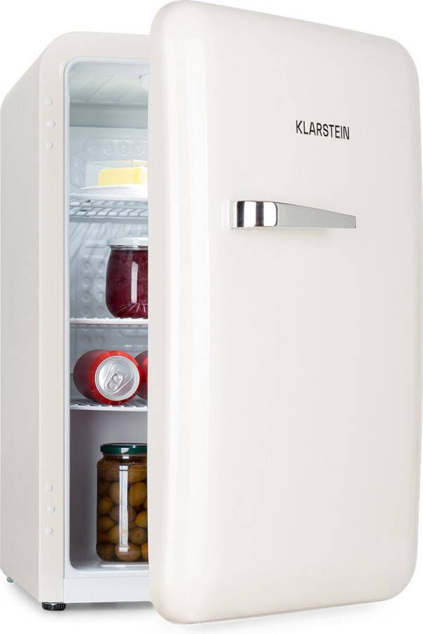 Klarstein Audrey Mini Retro Mini koelkast Volume: 70 Liter Temperatuur: 0-10 °C 4 Niveaus 3 Schappen Compressiekoeling Mechanische thermostaat Retro design Jaren 50 look EEK: E Geruisloos Crème