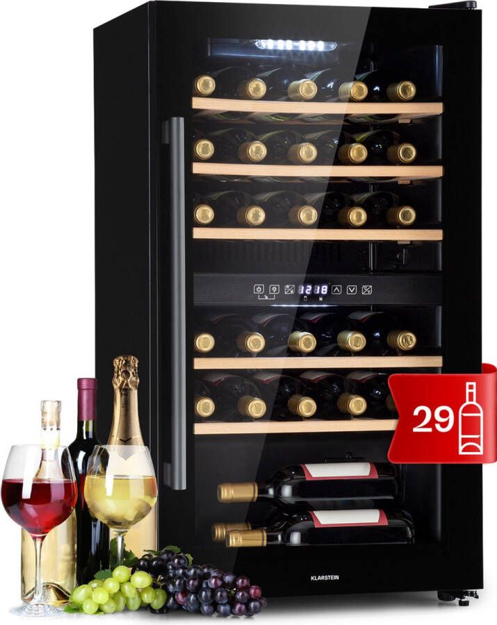 Klarstein Barossa 29 Duo Wijnkoelkast 29 Flessen 80 Liter 2 Zones Toetsbediening Zwart