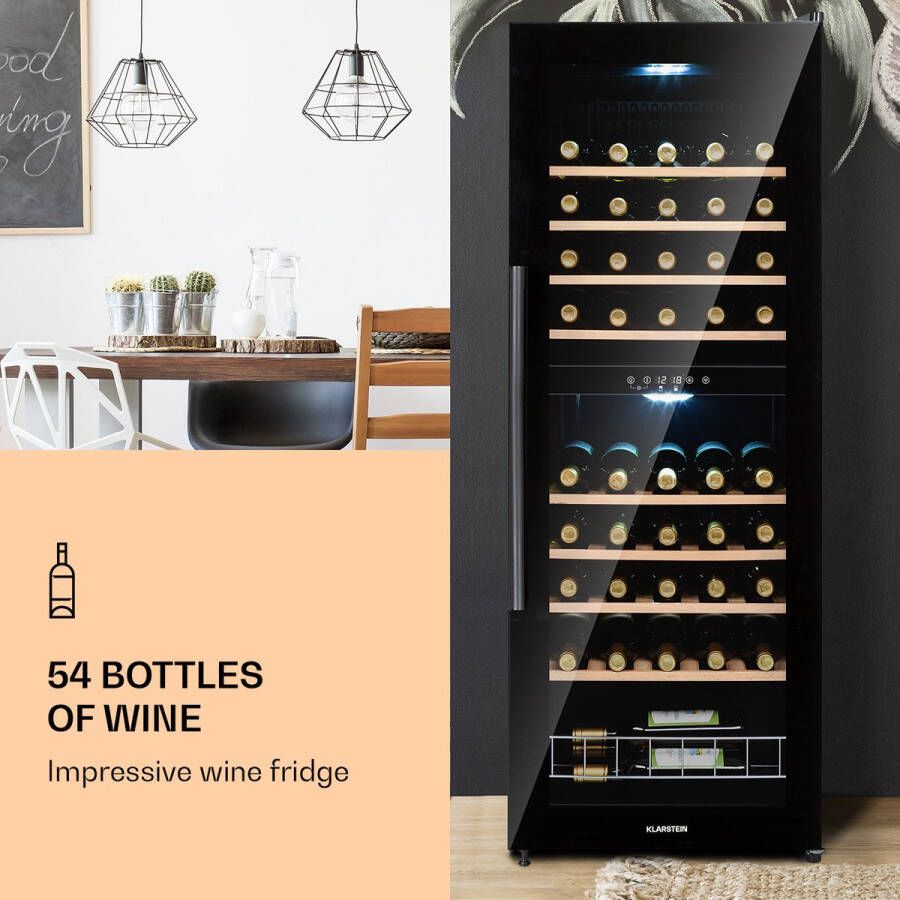 Klarstein Barossa 54 Duo Wijnkoelkast 2 Zones 148 Liter 54 Flessen Touch display Zwart