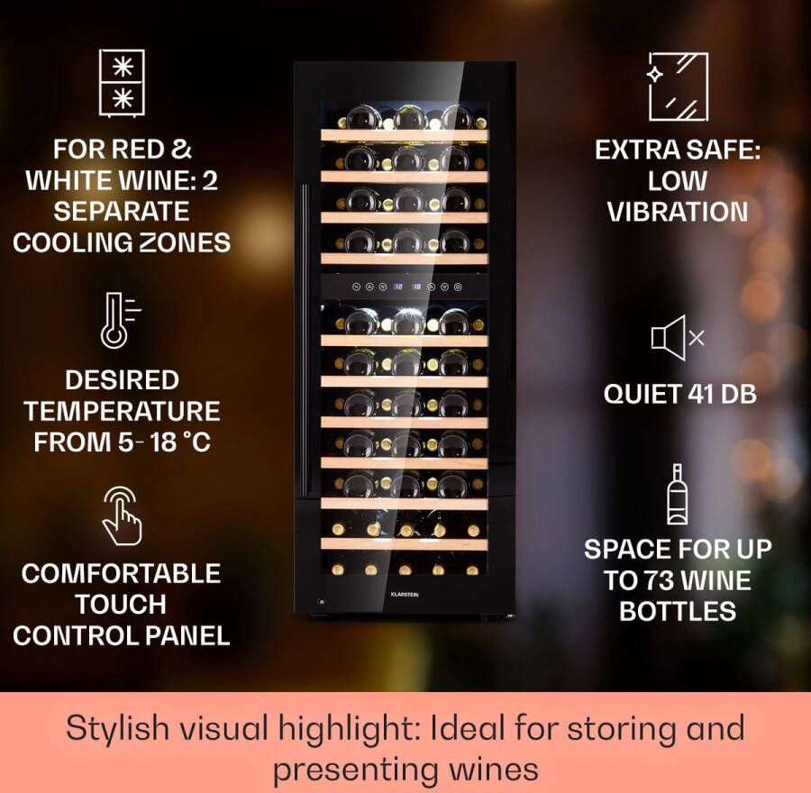 Klarstein Barossa 73 Duo Wijnkoelkast 2 Zones 192 Liter 73 Flessen 5-18 °C Vrijstaand Touch Display Zwart - Foto 3