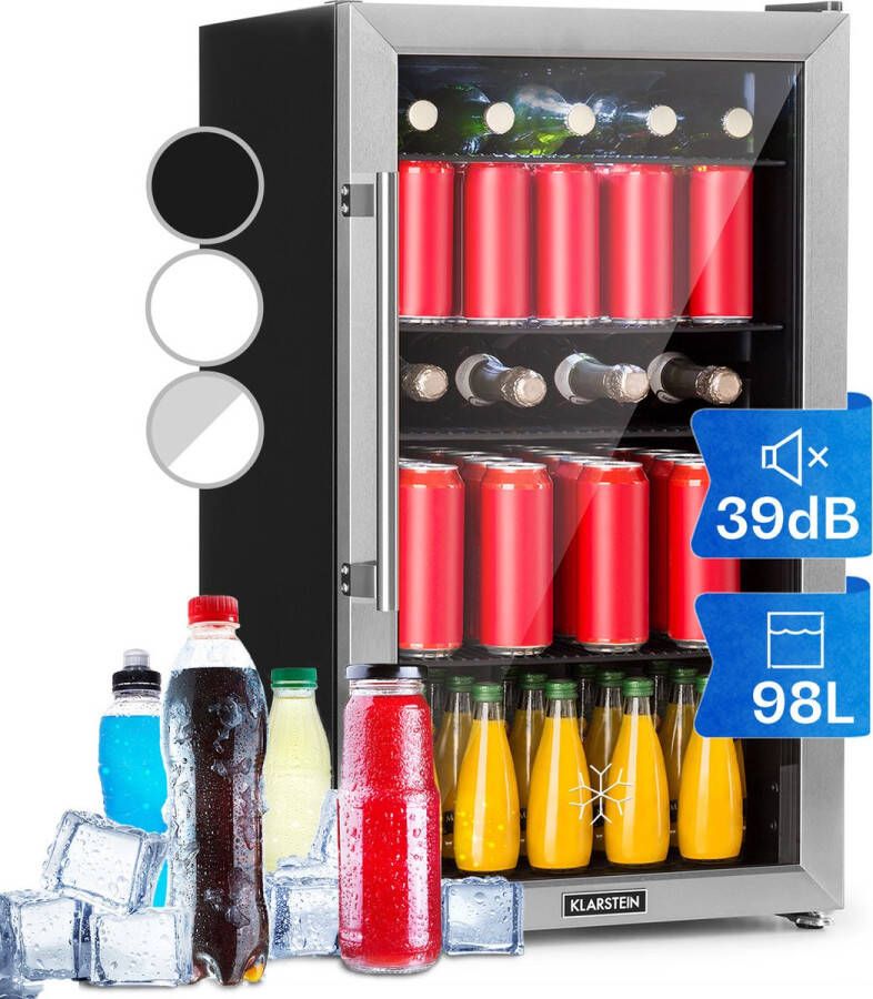 Klarstein Beersafe 3XL Drankkoelkast Volume: 98 Liter 4 Verchroomde metalen inlegplateaus 0 Tot 10 °C 7 Standen Draaiknop Dubbel geïsoleerde glazen deur Vrijstaand LED Front van RVS