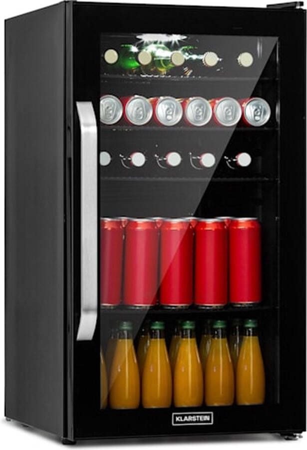 Klarstein Beersafe 3XL Onyx Koelkast 98 Liter 4 Schappen 0 Tot 10 °C Draaiknop Koelkast Met Glazen Deur Vrijstaand Led Zwart Bierkoelkast Glazen Panoramadeur LED-Verlichting Draaiknop Met 7 Standen Zwart