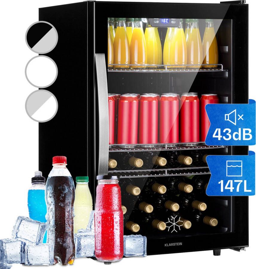 Klarstein Beersafe 5XL Koelkast Drankkoelkast Volume: 148 Liter 3 Metalen inlegplateaus Per graad instelbare binnentemperatuur van 0 tot 20 °C Dubbel geïsoleerde glazen deur Vrijstaand LED Front van RVS Onyx