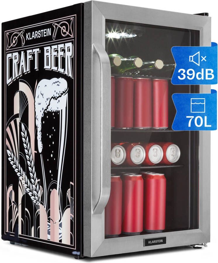 Klarstein Beersafe 70 Craft Beer Edition Koelkast Drankkoelkast Volume: 70 Liter 3 Verchroomde metalen roosters Interne temperatuur: 0 tot 10 °C Draaiknop Dubbel geïsoleerde glazen deur Vrijstaand LED EEK D RVS front